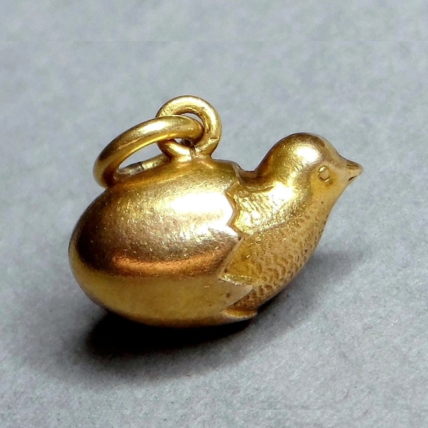 Chick emerging from its egg. Good Luck. Lucky Charm. French Little Medal, Antique Gold Plating Pendant.