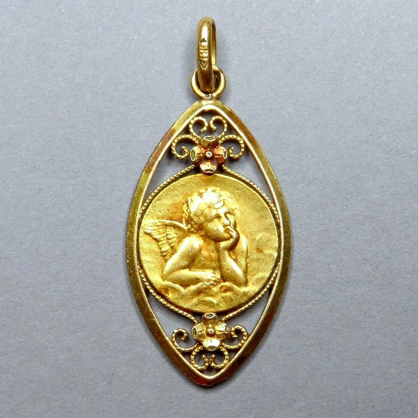 Cherub, Putti, Baby. French, Antique Religious Gold Filled ORIA Pendant. Large Medal.
