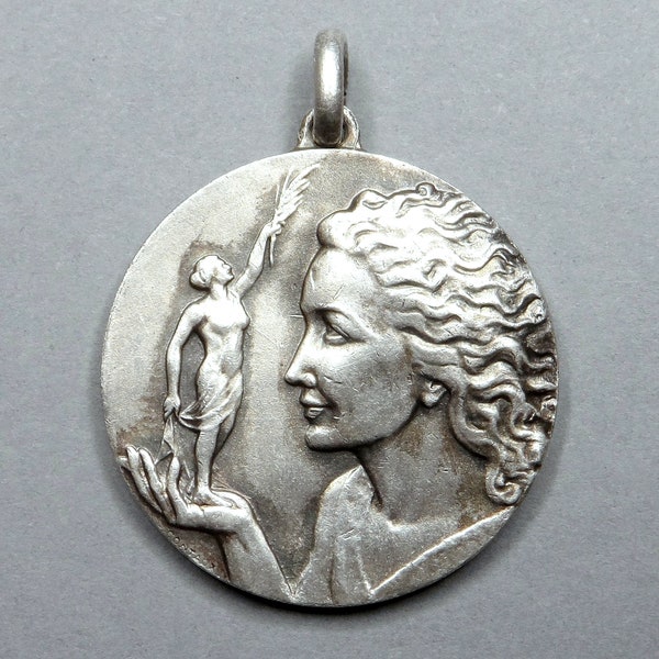 Nude Woman, Victory. Antique Medal. Marianne, Female. Large Pendant.