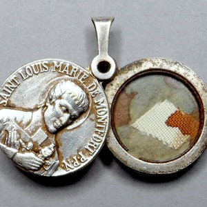 Saint Louis de Montfort, Saint Virgin Mary. Antique Religious Pendant. Reliquary Medal.