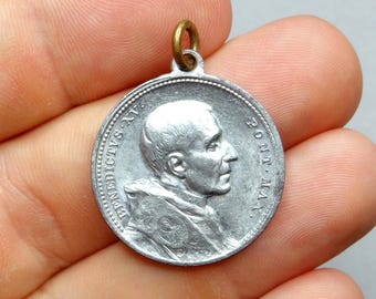 Pope Benedict XV, Saint Virgin Mary. Antique Religious Pendant. Large Italian Medal.