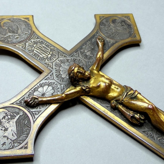 Large Cross. Four Evangelists, Matthew, Mark, Luke, John. Antique Religious Crucifix. Wall Pendant. Medal.