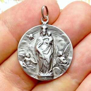 Our Lady of Pilar. Nuestra Señora del Pilar, Zaragoza. Antique Religious Silver Pendant. Large Fir Medal.