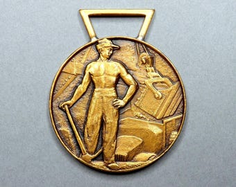 Nude Man, Bricklayer, Building. Industry. Antique Bronze Medal. Large Pendant by Simon.