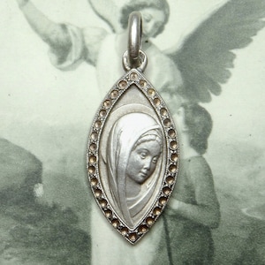 Saint Virgin Mary. Antique Religious Silver Pendant. Large medal.