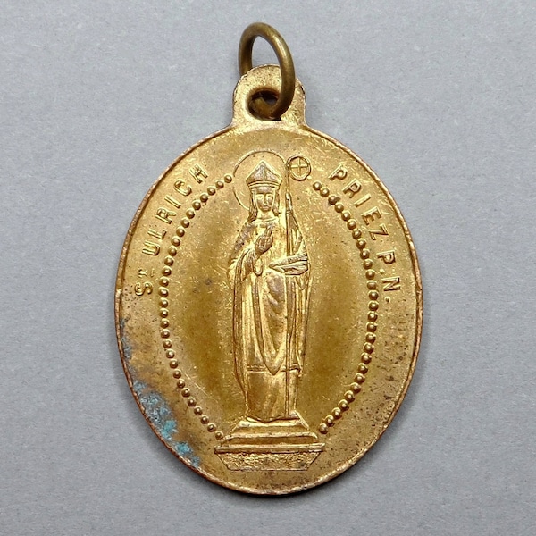 Ulrich of Augsburg. Holy Virgin Mary. Miraculous Medal. Antique Religious Pendant.