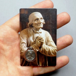 Sint Jan Vianney. Reissouvenir. Vintage religieuze kaart en medaille.