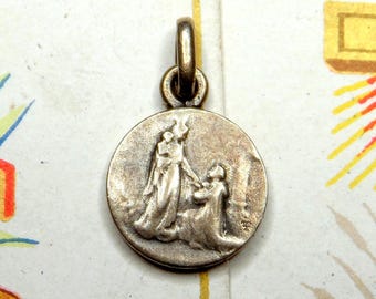 Our Lady of the Rosary. Saint Dominic. Antique Religious Silver Pendant. Little Medal by Tricard.