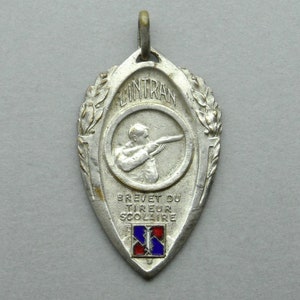 Shooting, School Certificate. Antique Large Medal. Enamel Pendant.
