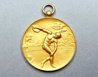 Nude Man. Discobolus, Discus Throw, Antique Large Bronze Medal. Gold Plating Pendant.