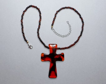 Cross, Faux Tortoise Shell. Necklace. French Vintage Religious Large Pendant.