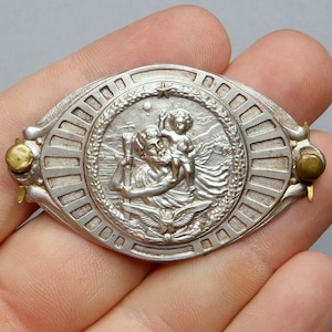 Saint Christopher and Jesus. Antique Religious Large Plate. Medal for Car.
