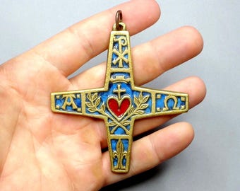 Wall Cross by Piechaud. Sacred Heart. Chi Rho. Alpha Omega. French Antique Religious Large Medal. Enamel Pendant.