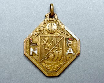 Lion and Boat. Coat of Arms. 1935. Antique Enamel Medal. Large Bronze Pendant