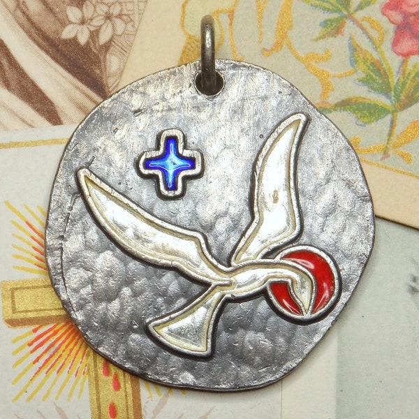 Holy Spirit, Bird. Antique Religious Silver Pendant. Enamel Medal. By Elie Pellegrin.