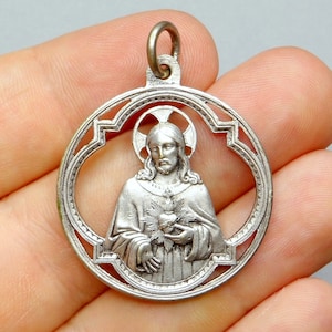 Jesus Christ. Sacred Heart. Openwork Medal. Antique Religious Large Pendant.