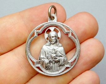 Jesus Christ. Sacred Heart. Openwork Medal. Antique Religious Large Pendant.