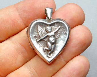 Cupid. Lover. Antique Large Heart Pendant. Silver Sterling Reliquary Medal.