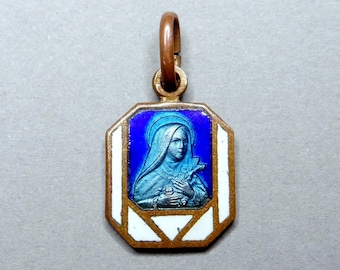 Saint Therese of Lisieux. Antique Religious Art Deco Pendant. Enamel Medal.