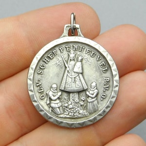 Our Lady of Scherpenheuvel. Saint Christopher. Antique Religious Large Pendant. Travel Souvenir Medal.