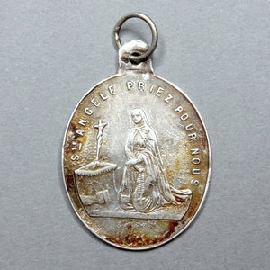 Saint Angele, Angela Mercii. St Virgin Mary, Miraculous Medal. Antique Religious Silver Pendant.