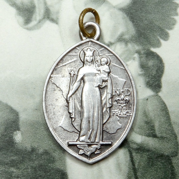 Our Lady of France. Antique Religious Pendant. French Medal by Georges Guiraud.