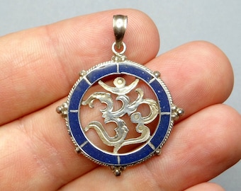 OM, Lapis lazuli and sterling silver. Antique Religious Enamel Pendant. Large Medal.