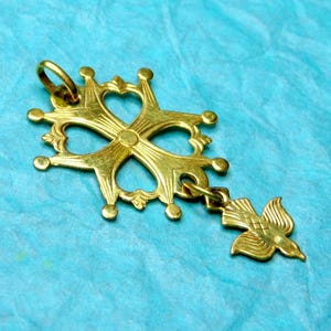 Huguenot Cross, Holy Spirit. Antique Religious Gold Plating Pendant. Large Medal.