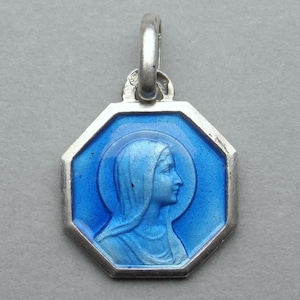 Saint Virgin Mary. Antique Religious Silver Pendant. Enamel Medal.
