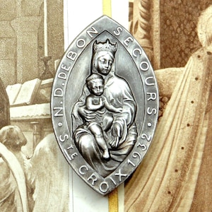 Our lady of Bon Secours. Holy Virgin Mary. Antique Religious Brooch. Travel Souvenir Medal.