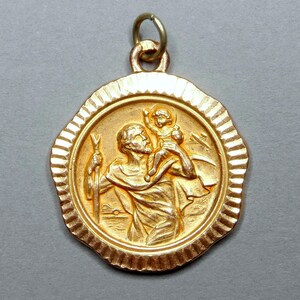 Saint Christopher and Jesus. Antique Religious Large Pendant. Gold Plating Medal.