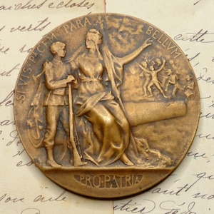 Woman and Soldier. Antique Large Medal. By Grandman.