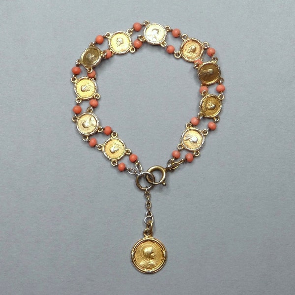 Bracelet, Saint Virgin Mary. Silver and Coral. French Antique Religious Medal.