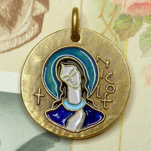 Saint Nicole. Antique Religious Pendant. Enamel Medal. By Elie Pellegrin.