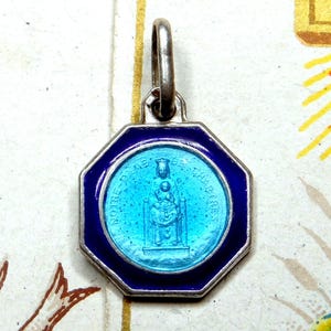 Our Lady of Chartres and Our Lady of Pillar. Holy Virgin Mary and Jesus. Antique Religious Silver Pendant. Little Enamel Medal.