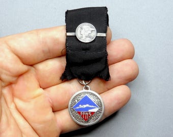 Swimming Certificate. French Swimming and Lifesaving Federation. Helmeted Woman. Antique Sport Enamel Medal. French Ribbon Pendant.