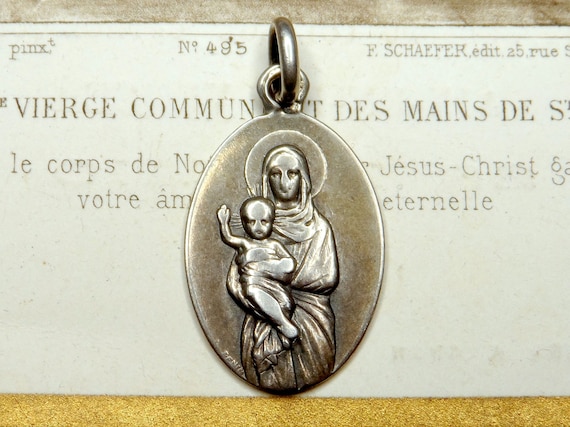 Holy Virgin Mary and Jesus. Antique Religious Pen… - image 1