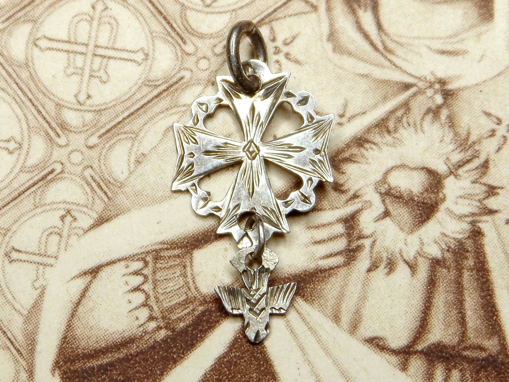 Huguenot Cross Holy Spirit. Antique Religious Silver Pendant