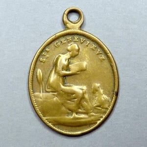 Saint Genevieve of Paris. Louis IX of France. King St. Louis. Antique Religious Pendant. Large Brass Medal.