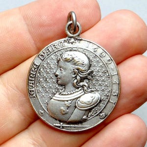 Joan of Arc in Armor. Coat of Arms Orleans, Rouen, Reims. Antique Religious Large Pendant. French Medal.