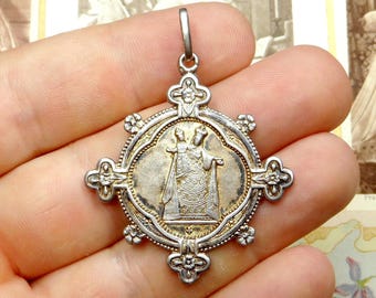 Our Lady of Bon Secours. Saint Virgin Mary. Antique Religious Large Medal. French Silver Pendant.