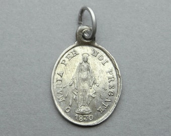 Miraculous Medal.  O maria per noi pregate, 1873. Antique Religious Silver Italian Pendant.