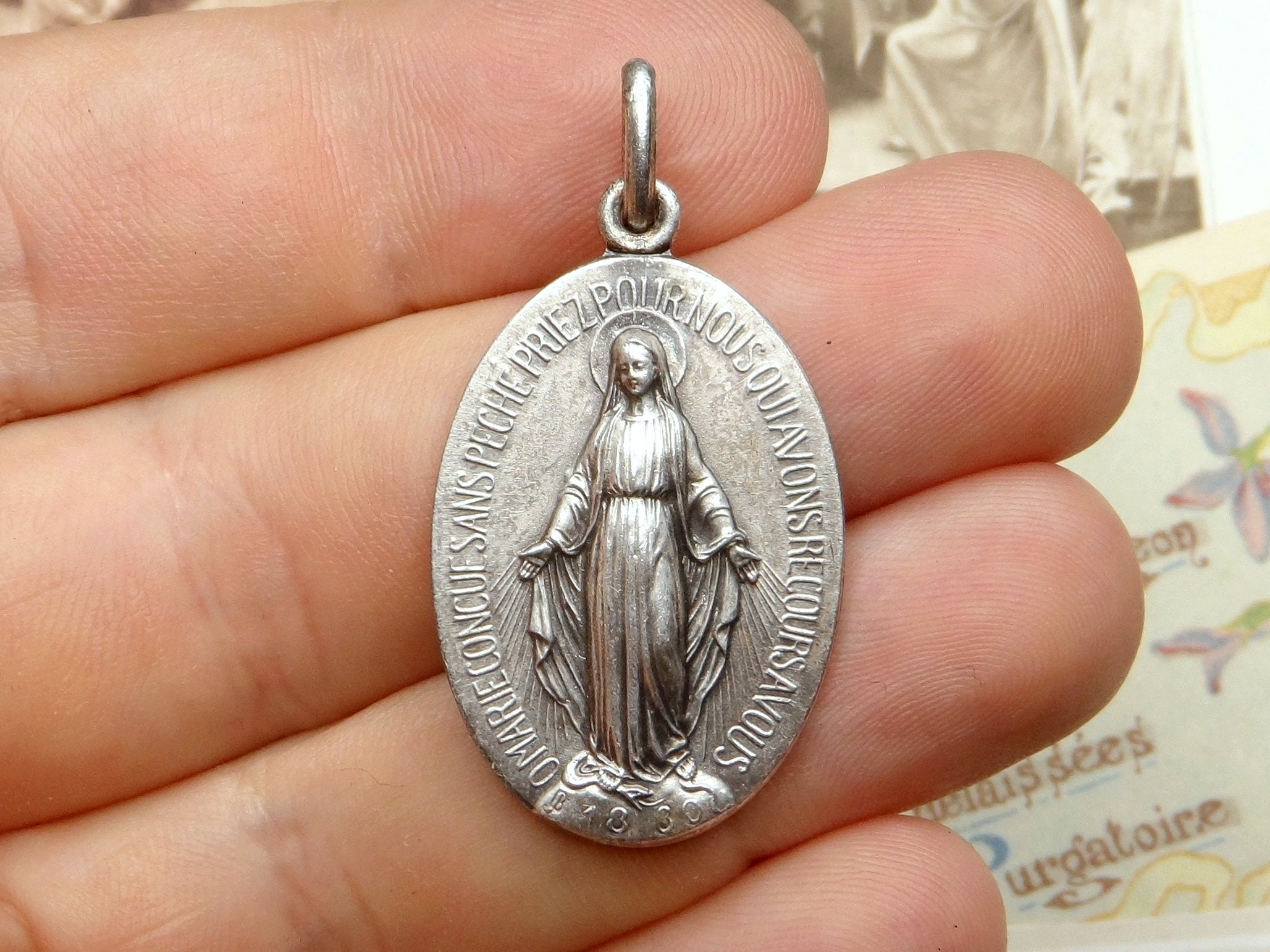 Silver Floral Wreath Latin Text Miraculous Medal of the 