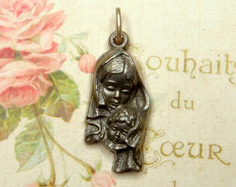 Holy Virgin Mary and Jesus. Vintage Religious Pendant. Large Medal.