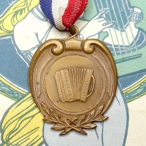 Accordion. ContestMusic. Antique Large Medal. Ribbon Pendant.