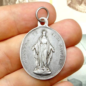 Holy Virgin Mary. Miraculous Large Medal. Antique Religious Silver Pendant. Hallmark, clover.