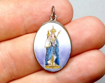 Holy Virgin Mary and Jesus. Our Lady of Laghet. Antique Religious Large Pendant. Enamel Medal.