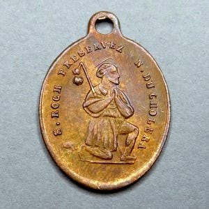 Saint Roch and St Hubertus. Antique Religious Pendant. French Bronze Medal.