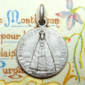 Our Lady of Valfleury. Church. Saint Virgin Mary and Jesus. Antique Religious Pendant. French Large Medal.