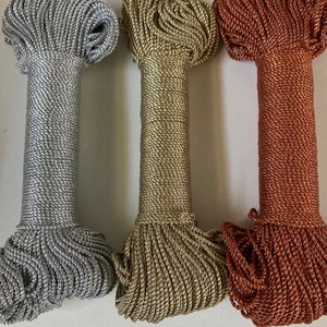 Cuerda de macramé metálica de 3 capas 89 m (291,99), Cuerda metálica, Cordón de algodón con alambre dorado/ Hilo brillante/ Hilo brillante, Hilo dorado metálico